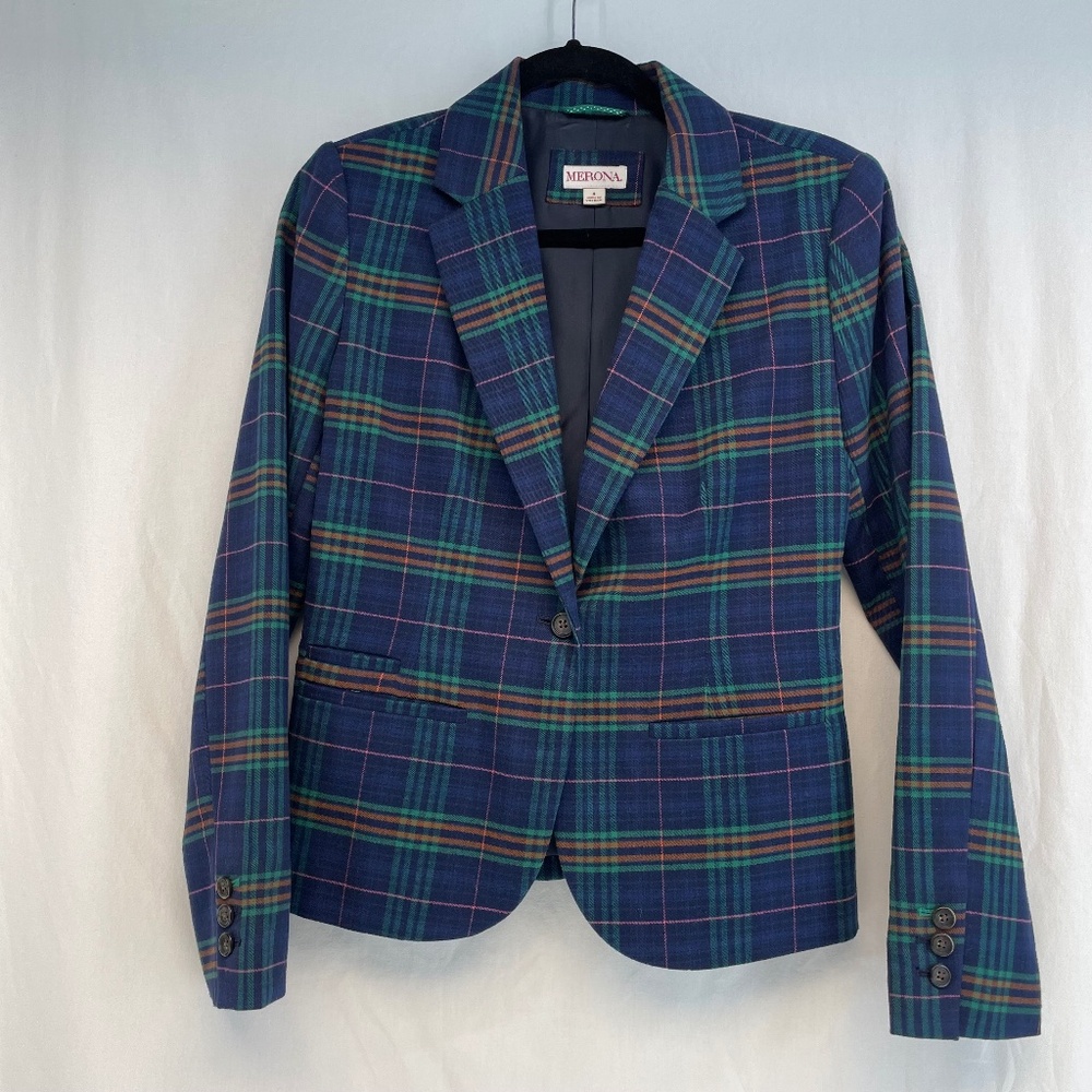 Plaid Blazer Merona Blue Green Women’s Size 4 Like New